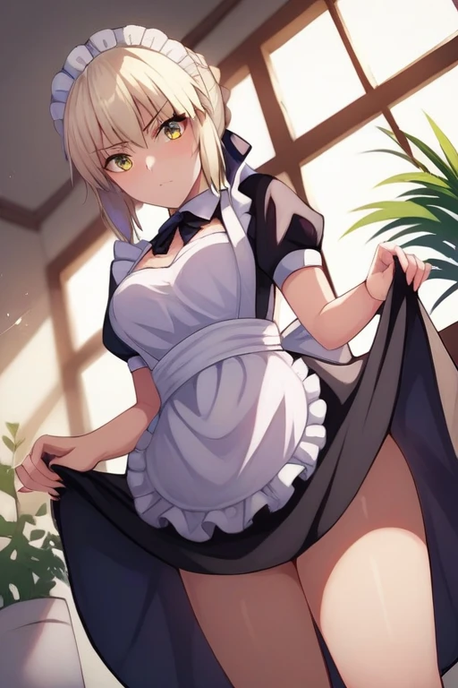 [Stable Diffusion] Fate Saber Alter Pedang Takdir melihat penonton Mengangkat rok seragam pembantu [Ilustrasi]