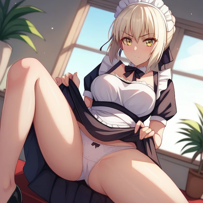 [Stable Diffusion] Fate Saber Alter Fate Saber Looking at Viewer Lifting up skirt Maid uniform [Illustration]