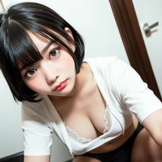 मध्यम बाल, मुस्कुराती, नीचे की ओर से, नीचे से झाँक रहा है, पैंट, बैठने, स्कूल की पोशाक, अंडरवियर