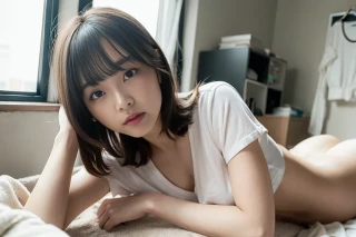 단발, 한 명의 여성, R18, 명작, 누워있다, 더러운 방, 셔츠, 티셔츠