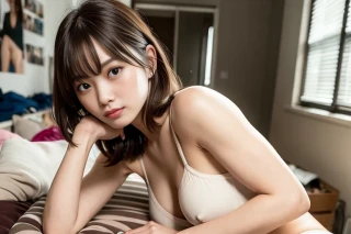 단발, 한 명의 여성, R18, 명작, 누워있다, 이불 위에, 더러운 방, 셔츠, 티셔츠