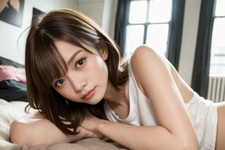 단발, 한 명의 여성, R18, 명작, 누워있다, 이불 위에, 더러운 방, 셔츠, 티셔츠