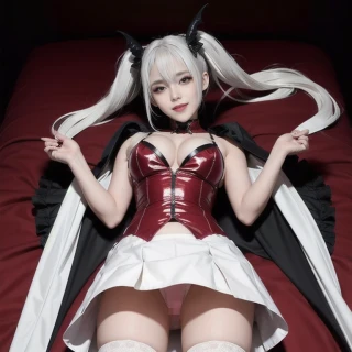 Twin tails, On the Bed, Breasts, Laughing, Beautiful Face, Grinning, R18, Pants, Masterpiece, Cosplay, Upskirt, Underwear, Succubus