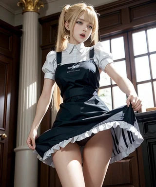 Twin tails, Beautiful Woman, Indoor, From below, R18, Angry, Pants, Masterpiece, Maid uniform, Maid apron, Underwear