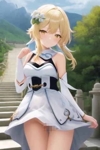 Sky, R18, Mountain, Genshin Impact - Lumine, Looking at Viewer, Standing, Upper Body