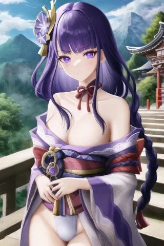 하늘, R18, 산, 시청자를 보는 중, 원신 - 라이덴 쇼군, 서있다, 상체