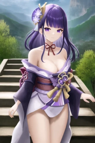 하늘, R18, 산, 시청자를 보는 중, 원신 - 라이덴 쇼군, 서있다, 상체