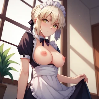 Breasts, Fate Saber, Fate Saber Alter, High Quality, Lifting up skirt, Nipples, R18, group sex, Looking at Viewer, Skirt, Maid uniform