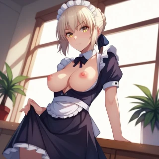 Breasts, Fate Saber, Fate Saber Alter, High Quality, Lifting up skirt, Nipples, R18, group sex, Looking at Viewer, Skirt, Maid uniform