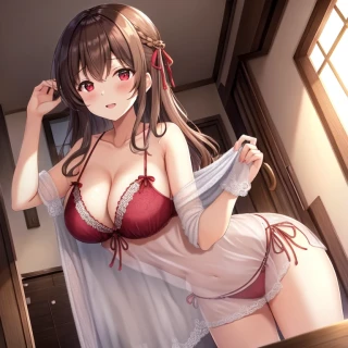 Medium hair, Wavy hair, Indoor, Large breasts, Negligee
