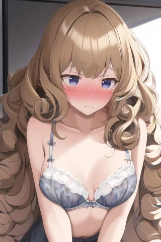 세미 롱 헤어, 긴 머리, 곱슬 머리, 작은 가슴, 당황스러운, 브래지어, 명작, 블라우스